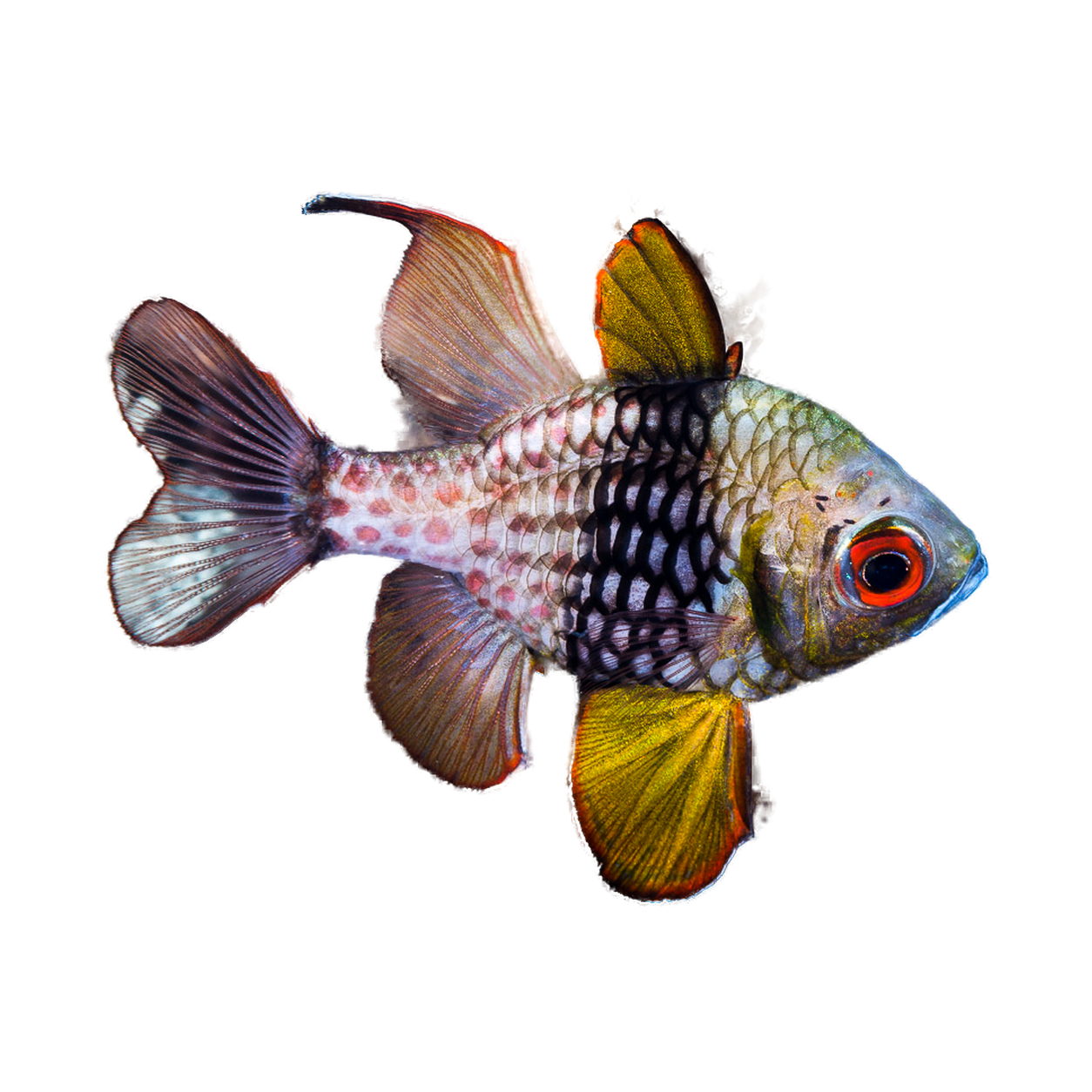 Side profile of a Pajama cardinalfish with a red eye, yellow face, black band, and spotted body